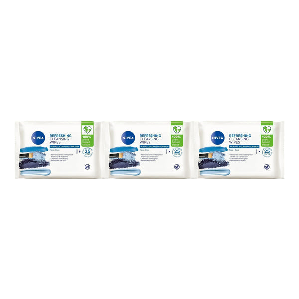 Nivea Cleansing Wipes Normal & Combination Skin, 25 Count (Pack of 3)