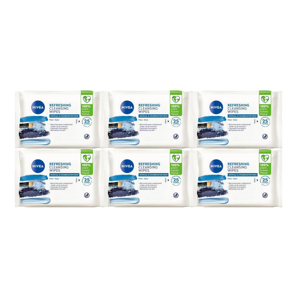 Nivea Cleansing Wipes Normal & Combination Skin, 25 Count (Pack of 6)