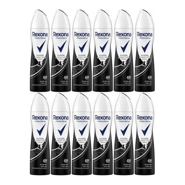 Rexona Invisible Black + White 48 Hour Body Spray Deodorant, 200ml (Pack of 12)
