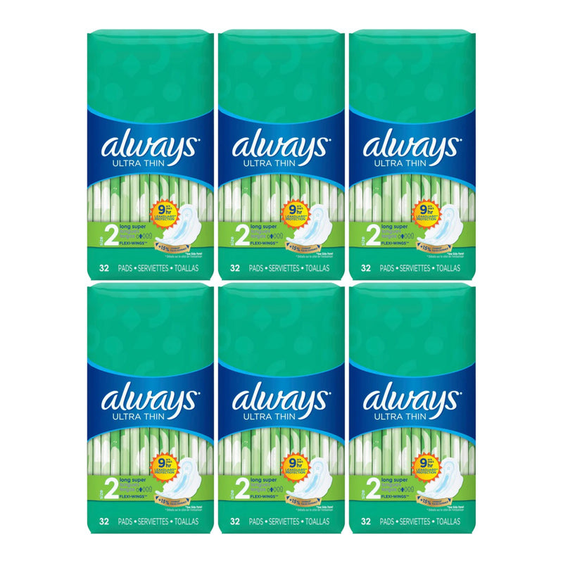 Always Ultra Thin Long Super Flexi-Wings Size 2 Sanitary Pads 32 ct (Pack of 6)