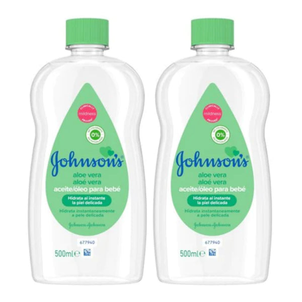 Johnson's Aloe Vera + Vitamin E Baby Oil, 16.9 oz (500ml) (Pack of 2)
