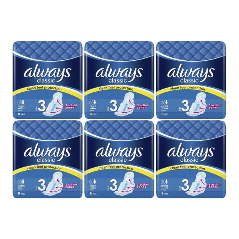 Always Classic Night Wings Size 3 Sanitary Pads, 8 ct. (Pack of 6)