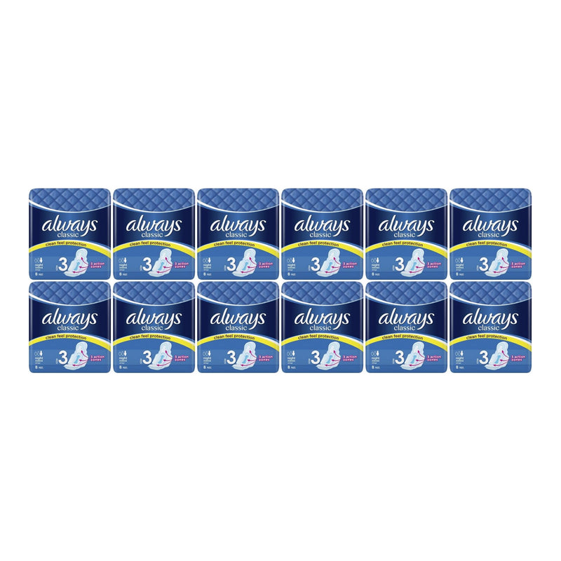 Always Classic Night Wings Size 3 Sanitary Pads, 8 ct. (Pack of 12)