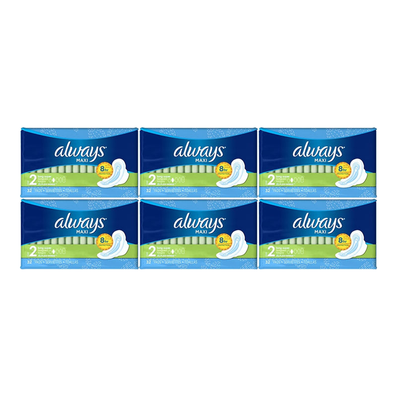 Always Maxi Long Super w/ Flexi-Wings Size 2 Sanitary Pads, 32 ct. (Pack of 6)