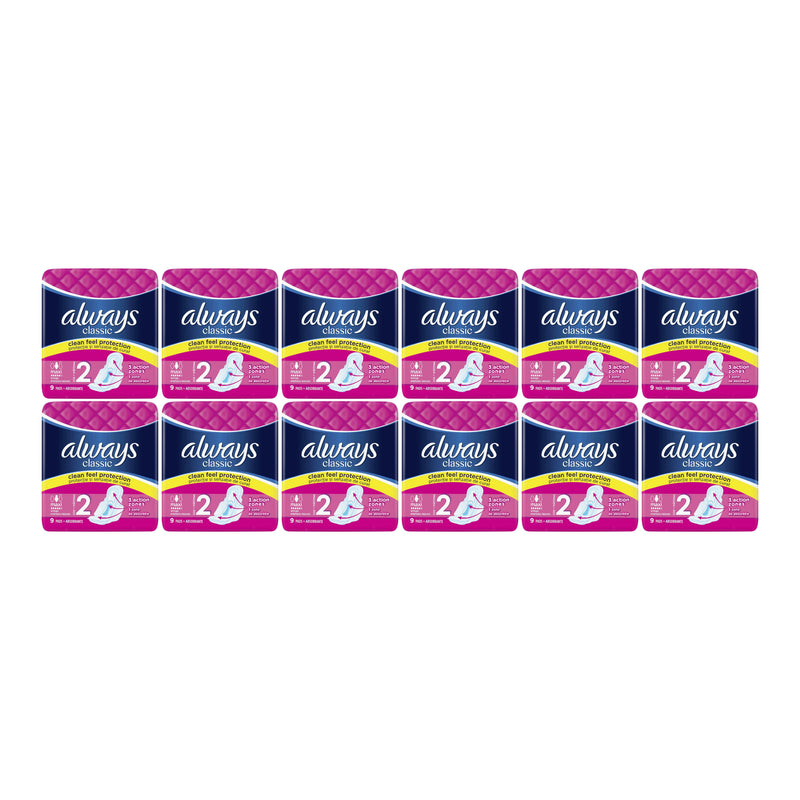 Always Classic Maxi Size 2 Sanitary Pads, 9 ct. (Pack of 12)