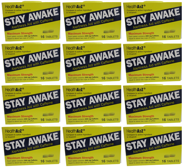 Health A2Z Stay Awake Alertness Aid with Caffeine, 16 Tablets (Pack of 12)
