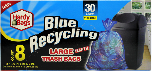 Hardy Bags 30 Gallon Large Blue Recycling Trash Bags, 8 ct.