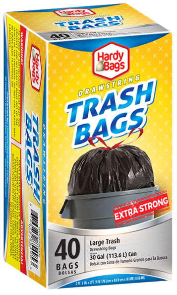 Hardy Bags 30 Gallon Extra Strong Drawstring Large Trash Bags, 40 ct.