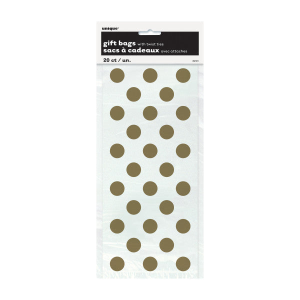 Party Gift Bags With Twist Ties White With Gold Polka Dots, 20-ct.