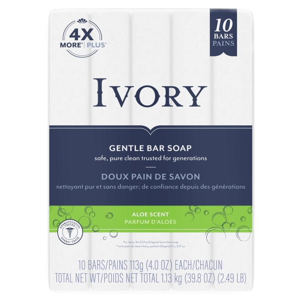 Ivory Gentle Bar Soap - Aloe Scent (10 Bars/Pack), 31.7oz