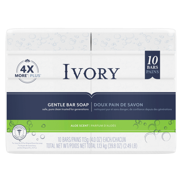 Ivory Gentle Bar Soap - Aloe Scent (10 Bars/Pack), 31.7oz (Pack of 3)