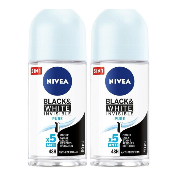 Nivea Black & White Invisible Pure Deodorant, 1.7oz(50ml) (Pack of 2)