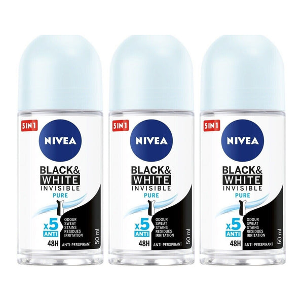 Nivea Black & White Invisible Pure Deodorant, 1.7oz(50ml) (Pack of 3)