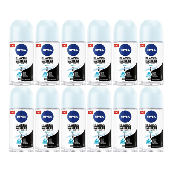 Nivea Black & White Invisible Pure Deodorant, 1.7oz(50ml) (Pack of 12)