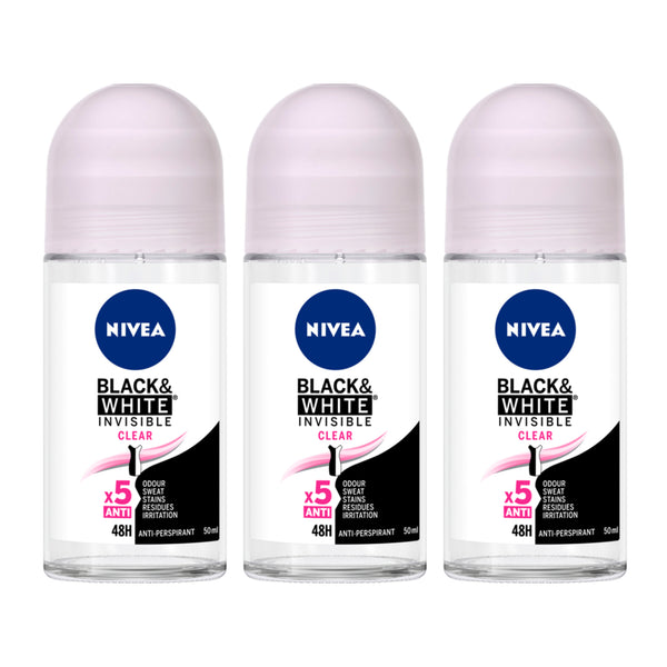 Nivea Black & White Invisible Clear Deodorant, 1.7oz(50ml) (Pack of 3)