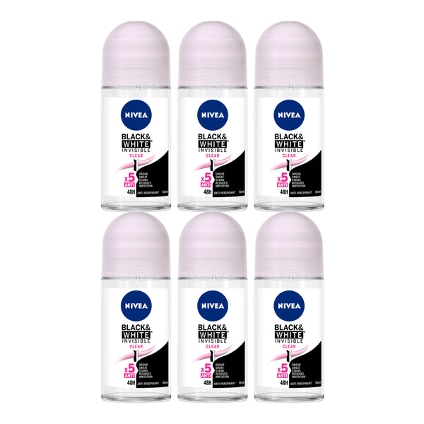 Nivea Black & White Invisible Clear Deodorant, 1.7oz(50ml) (Pack of 6)