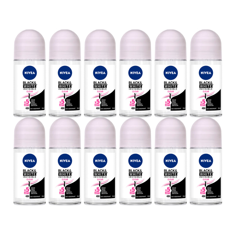 Nivea Black & White Invisible Clear Deodorant, 1.7oz(50ml) (Pack of 12)