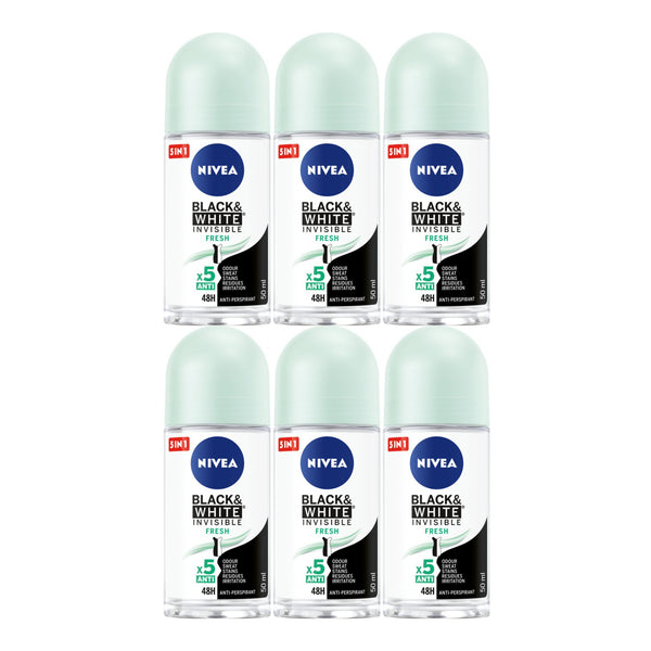 Nivea Black & White Invisible Fresh Deodorant, 1.7oz(50ml) (Pack of 6)