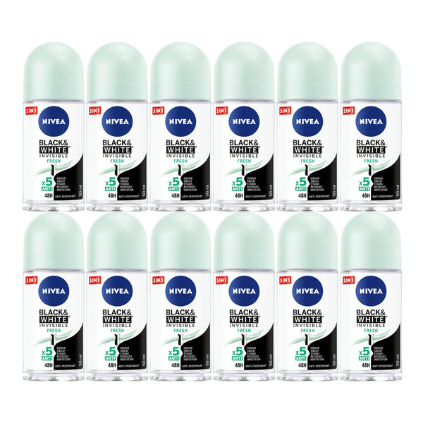 Nivea Black & White Invisible Fresh Deodorant, 1.7oz(50ml) (Pack of 12)