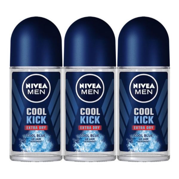 Nivea Men Cool Kick Extra Dry Cool Blue Roll-On Deodorant, 1.7oz (Pack of 3)