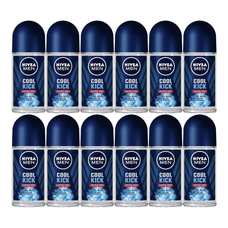 Nivea Men Cool Kick Extra Dry Cool Blue Roll-On Deodorant, 1.7oz (Pack of 12)