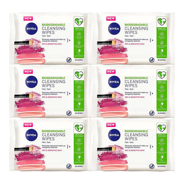 Nivea Cleansing Wipes Dry & Sensitive Skin, 25 Count (Pack of 6)