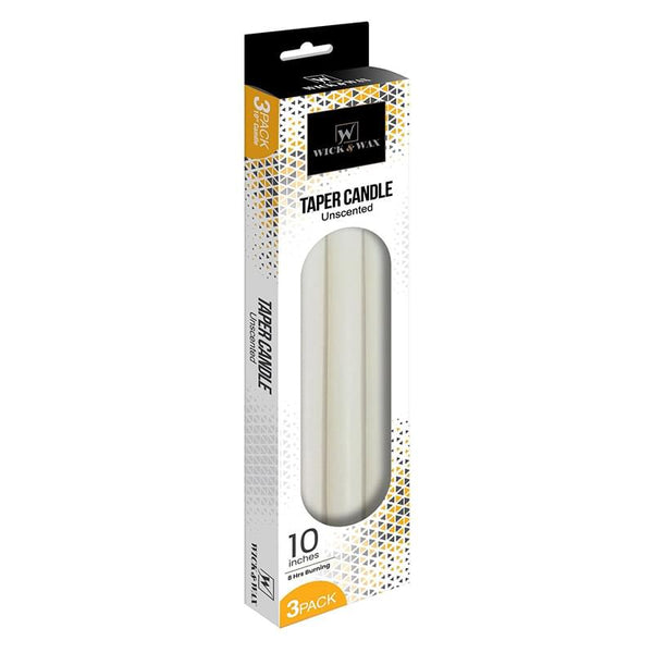 Wick & Wax Unscented 10" White Taper Candle, 3 Count