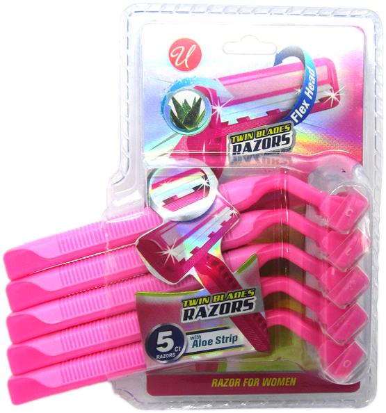 Twin Blades Razors with Aloe Strip For Women, 5 Count