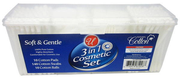 3-in-1 Cosmetic Set - Cotton Pads, Swabs, Balls - 100% Pure Cotton