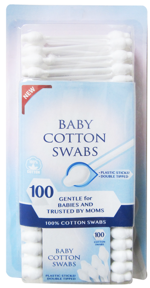 Baby Cotton Swabs 100% Cotton, Plastic Stick, Double Tipped, 100 Ct