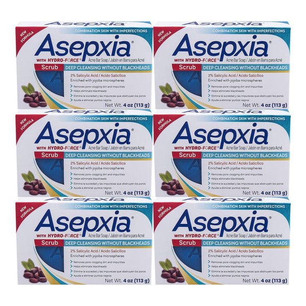 Asepxia Scrub Acne Bar Soap Deep Cleansing Blackheads, 4oz. (113g) (Pack of 6)