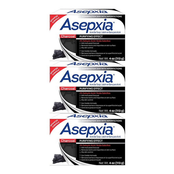 Asepxia Charcoal Acne Bar Soap Purifying Effect, 4oz. (113g) (Pack of 3)