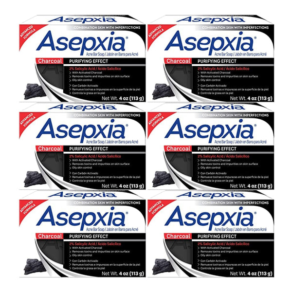 Asepxia Charcoal Acne Bar Soap Purifying Effect, 4oz. (113g) (Pack of 6)