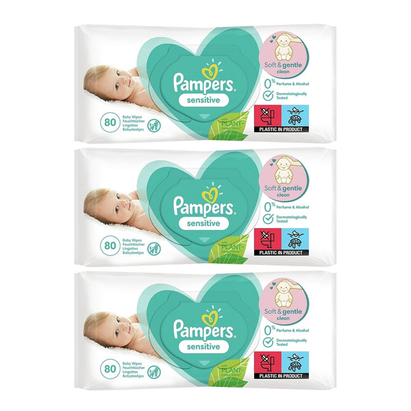 Pampers Sensitive Fragrance Free Baby Wipes, 80 Wipes (Pack of 3)
