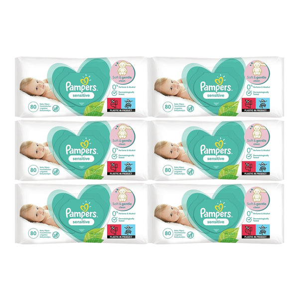 Pampers Sensitive Fragrance Free Baby Wipes, 80 Wipes (Pack of 6)