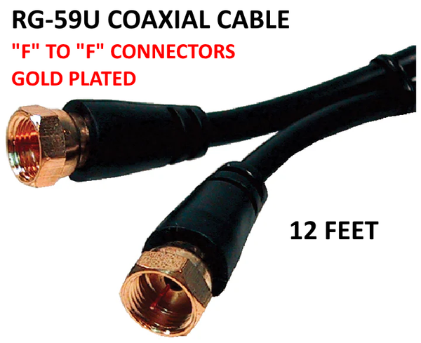 12' RG-59U Coaxial Cable Gold Plated "F" Connectors (Black Color)