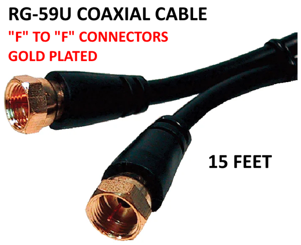 15' RG-59U Coaxial Cable Gold Plated "F" Connectors (Black Color)