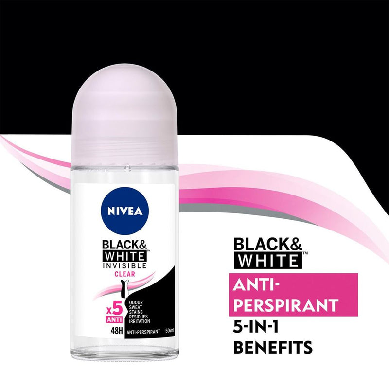 Nivea Black & White Invisible Clear Deodorant, 1.7oz(50ml) (Pack of 12)