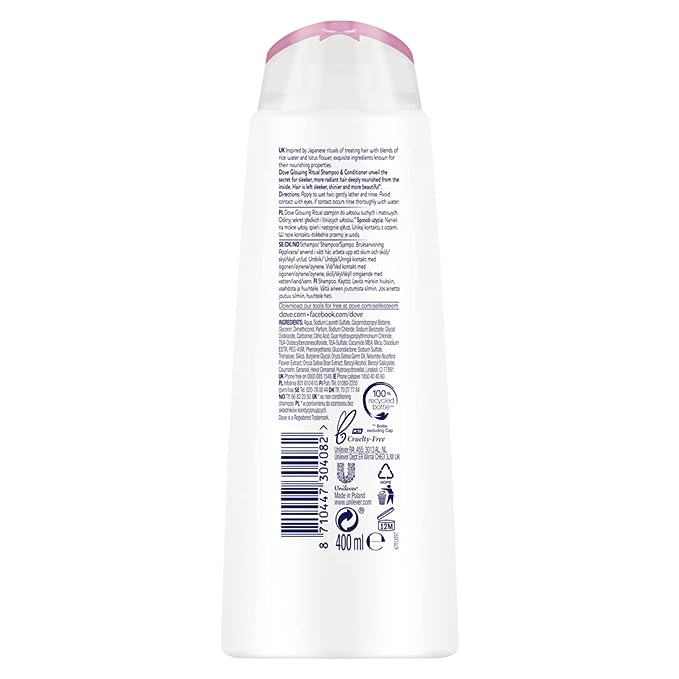 Dove Glowing Ritual Shampoo w/ Pink Lotus & Rice Water, 400ml (Pack of 2)