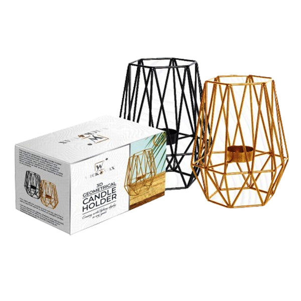 3D Geometrical Candle Holder, Gold & Black - 2 Piece Set