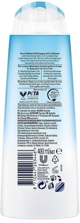 Dove Volume Lift Shampoo For Fine, Flat Hair, 400ml (Pack of 6)