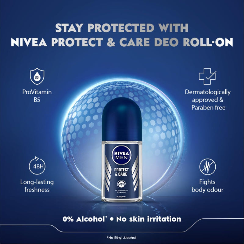 Nivea Men Protect & Care Roll-On Deodorant, 1.7oz (50ml) (Pack of 6)