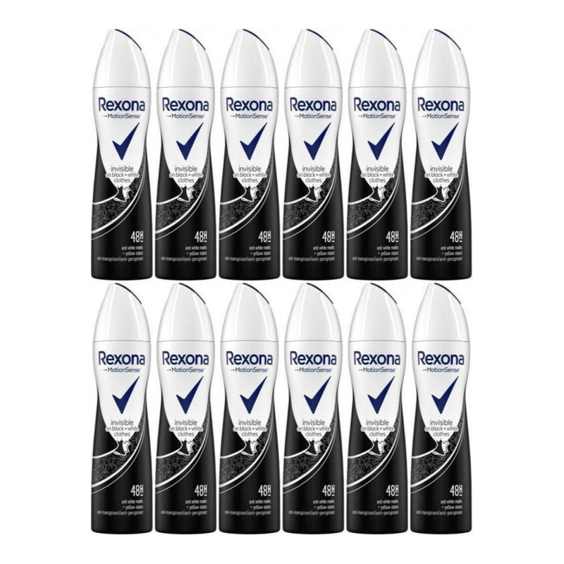 Rexona Invisible Black + White 48 Hour Body Spray Deodorant, 200ml (Pack of 12)