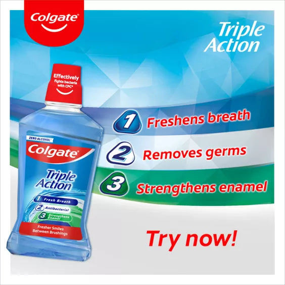 Colgate Triple Action Zero Alcohol Mouthwash, 8.45oz (250ml) (Pack of 12)