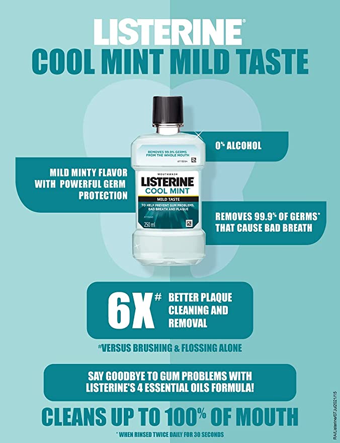 Listerine Cool Mint Mild Taste 0% Alcohol Mouthwash, 8.45oz (250ml) (Pack of 12)