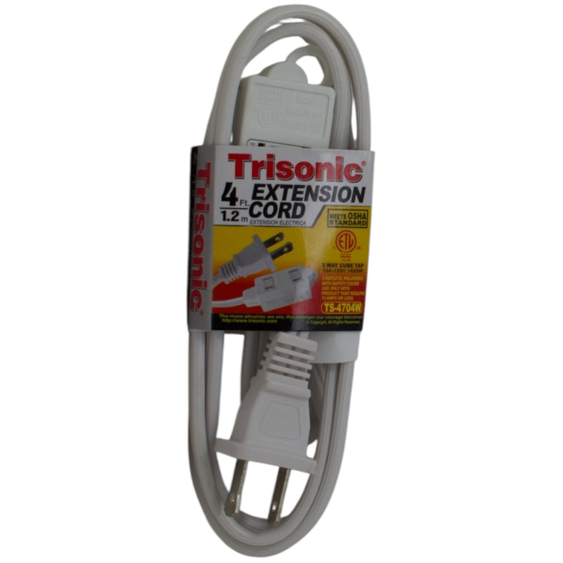 4' Foot (1.2m) 16 Gauge 13 Amp Extension Cord w/ 3 Outlets - ETL Listed