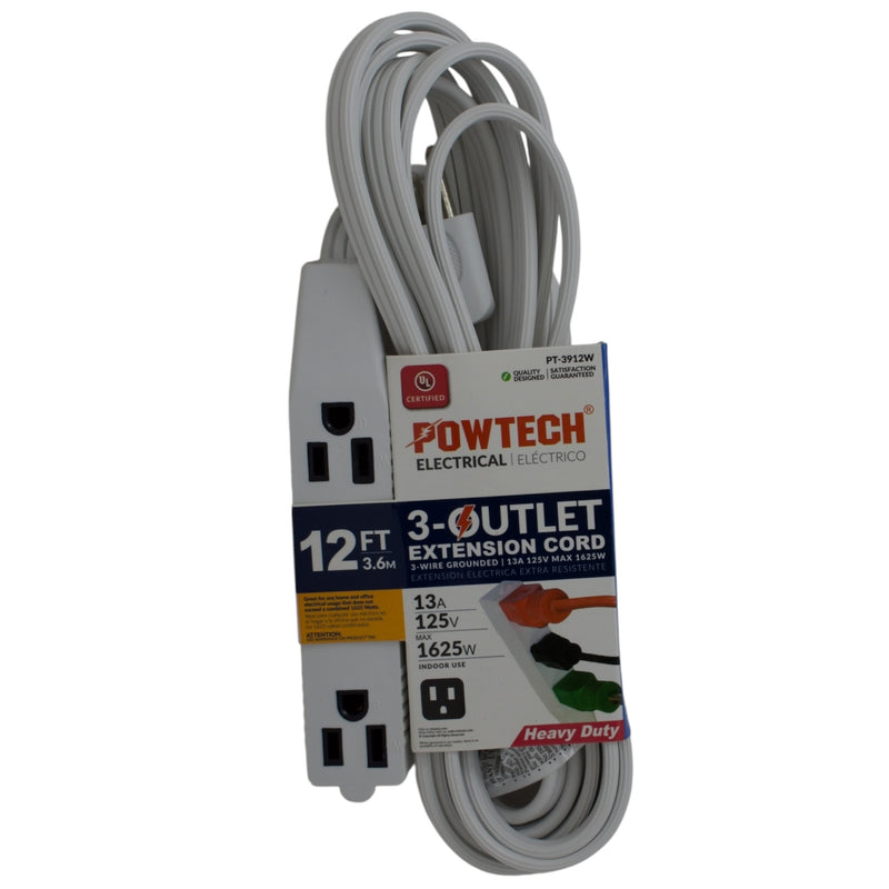 12' Foot 3 Outlet 3-Prong 13A Heavy Duty Grounded Extension Cord - UL Certified