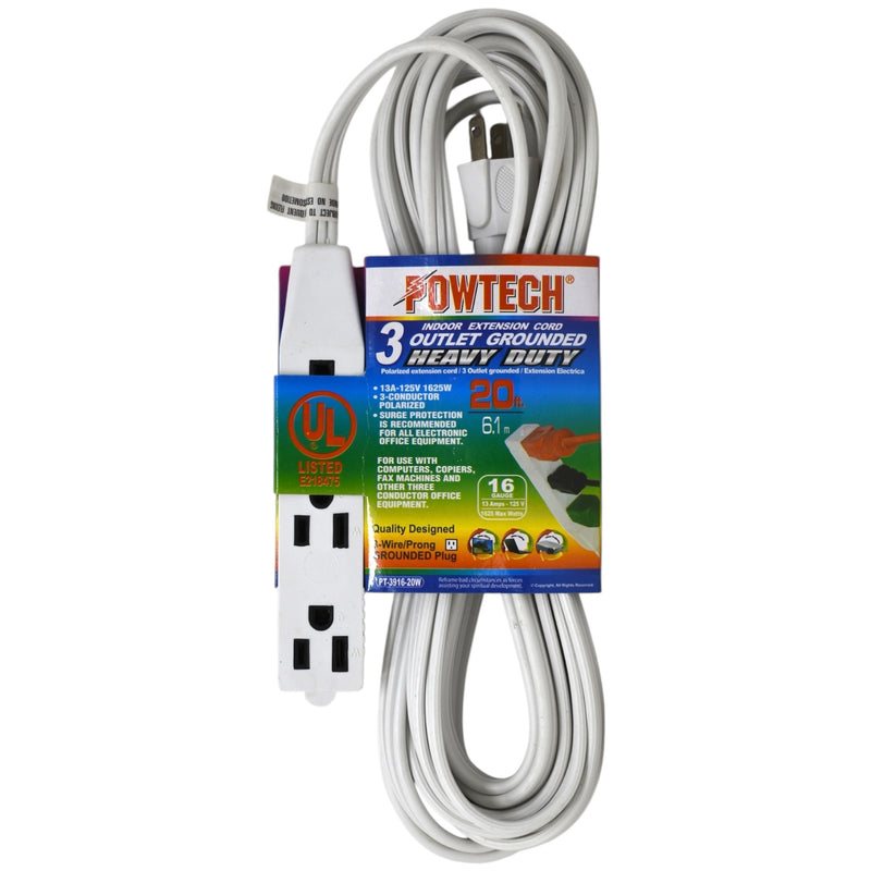 20' Foot 3 Outlet 3-Prong 13A Heavy Duty Grounded Extension Cord - UL Certified