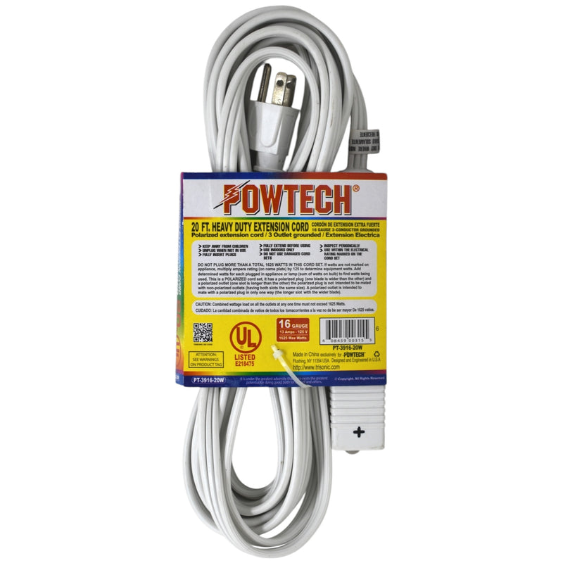 20' Foot 3 Outlet 3-Prong 13A Heavy Duty Grounded Extension Cord - UL Certified
