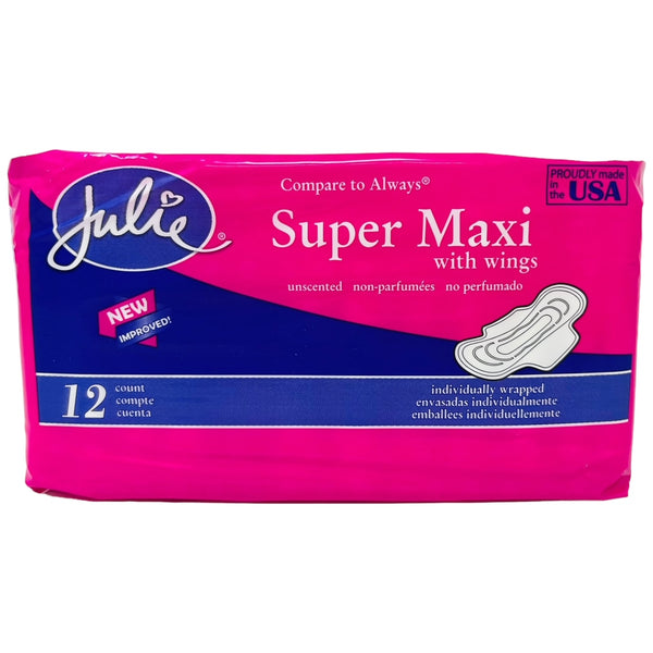 Julie Super Maxi Pads with Wings (Unscented), 12 Count